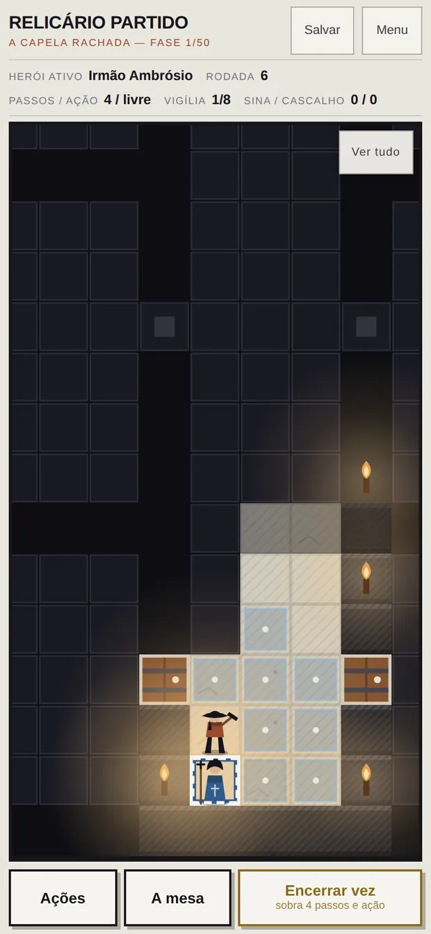 O jogo rodando num iPhone, com o tabuleiro ocupando a tela e a barra de comandos no rodapé.