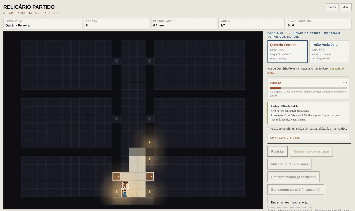 Tabuleiro do jogo: corredores escuros revelados à luz de tochas, dois personagens e baús numa sala de pedra.